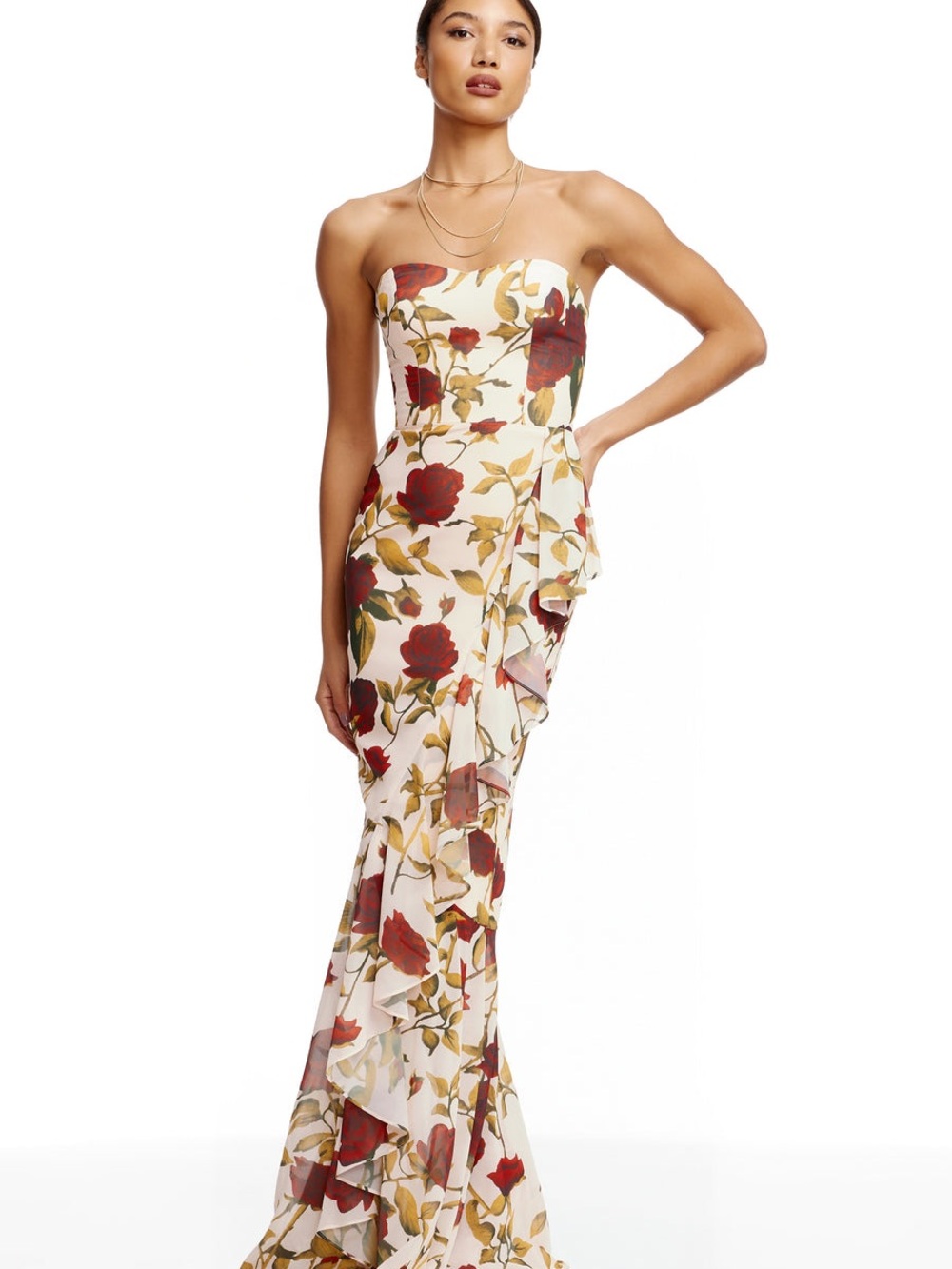 Dress the Population Strapless Floral Gown in Cream and Red